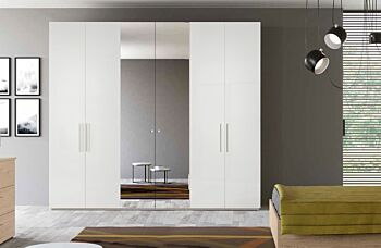 Armadio moderno finitura bianco opaco, 6 ante battenti, 2 con specchio