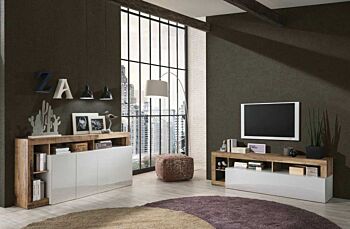 Soggiorno moderno composto da una madia a 4 ante e un porta Tv in finitura bianco e pero