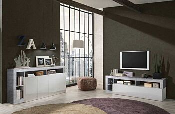 Soggiorno moderno composto da una madia a 4 ante e un porta Tv in finitura bianco e Cemento