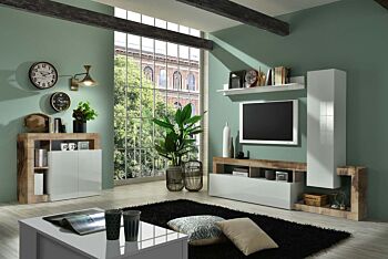 Soggiorno moderno di design composto da parete attrezzata e madia a 2 ante in finitura bianco e Pero Zenzero Shop