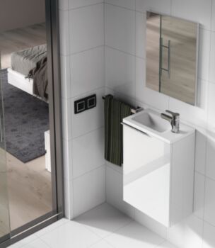 Composizione da bagno bianca lucida composta da lavabo e specchio di 40 cm 