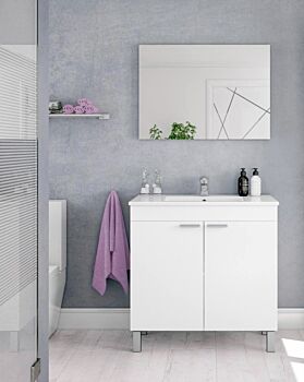 Mobile da bagno con 2 ante battenti più specchiera, finitura bianco lucido