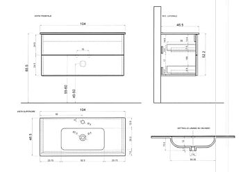 Mobile da bagno L.101, bianco lucido sospeso a 2 cassetti