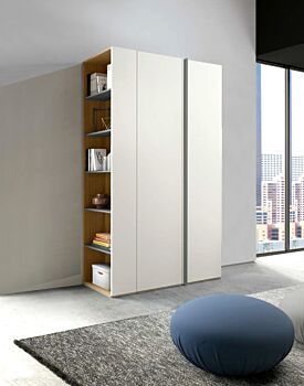 Armadio di design, 2 ante battenti e libreria laterale, finitura Bianco Opaco e Grigio cenere