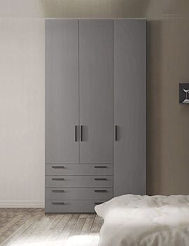 Armadio moderno L.136 a 3 ante e 4 cassetti H.257, finitura Grigio Titanio