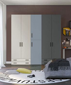 Armadio moderno L.241 a 6 ante e 4 cassetti H.257, finiture Grigio Dorian, Cadaques e Grigio Titanio
