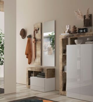 Ingresso composto da una panca, un pannello porta abiti e uno specchio Bianco lucido e Pero