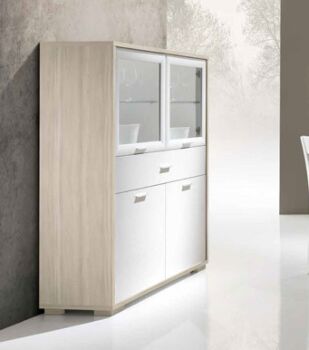 Vetrina con struttura Olmo chiaro e frontali Bianco frassino, Made in Italy