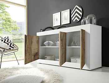 Credenza Moderna, Madia Bianca Lucida con 3 ante in finitura Pero