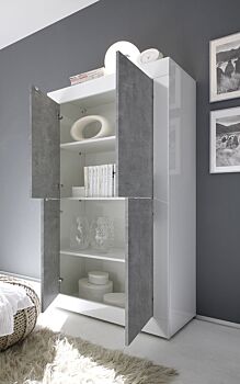 Madia Credenza Moderna, Madia di Design, 4 ante Alta, Bianco Lucido e Cemento