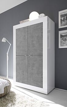 Credenza Moderna, Madia di Design, 4 ante Alta, Bianco Lucido e Cemento