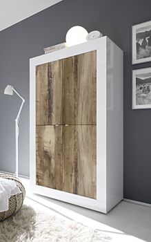 Credenza di design alta, finitura Bianco lucido e Pero