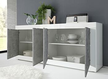 Credenza Moderna, Madia bianca laccata lucida e cemento a 4 ante