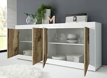 Credenza Moderna, Madia Bianca Lucida con 4 ante in finitura Pero