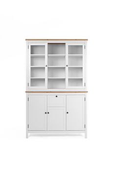 Madia credenza con 3 ante 2 ante in vetro e 1 cassetto finitura bianco opaco e top in quercia