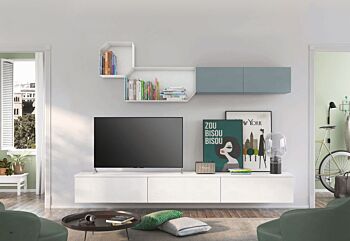 Parete attrezzata sospesa per zona living, rovere bianco e rovere gesso