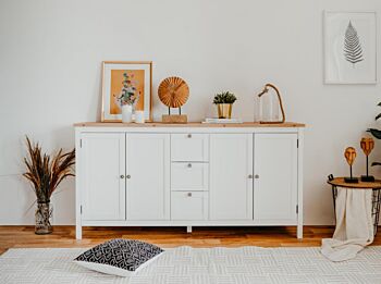 Madia credenza 4 ante, 3 cassetti in finitura bianco opaco con top in quercia