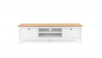Porta TV moderno, finitura bianco opaco con top quercia, 2 ante e una mensola