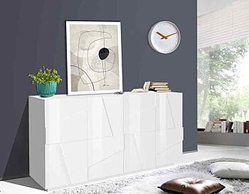 Madia moderna con 4 ante dal disegno geometrico in finitura Bianco lucido