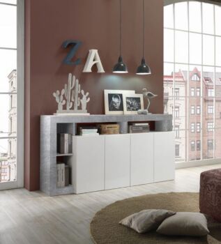 Soggiorno moderno composto da una madia a 4 ante e un porta Tv in finitura bianco e Cemento