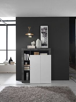 Soggiorno moderno completo in finitura bianco laccato lucido e ossido