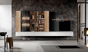 Parete attrezzata di alta qualità in finitura Bianco Opaco, Rovere Chiaro e Vetro fumè