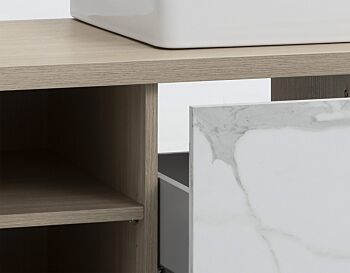 Mobile per il bagno, sottolavello con cassetto in finitura Rovere e Marmo bianco