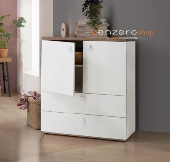 Madia multiuso L.90 con 2 ante e 2 cassetti in Bianco laccato e Rovere