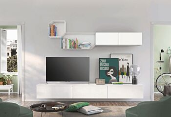 Parete attrezzata sospesa per zona living, rovere bianco e bianco opaco