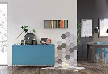 Madia moderna per soggiorno, finitura Rovere gesso con piedini in titanio