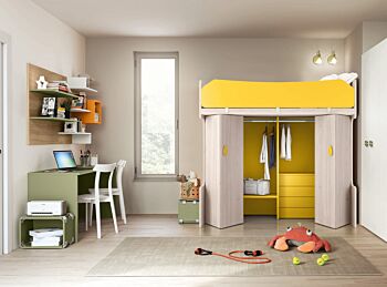 Conveniente Letto a soppalco con armadio inferiore in finitura Noce brina e Oliva