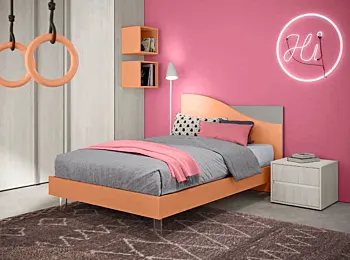 Cameretta completa con armadio angolare, finitura Rovere gesso, Grigio dorian e Papaya