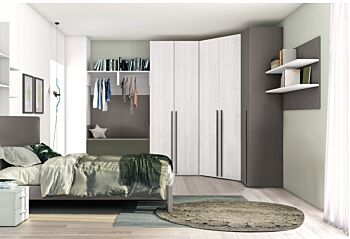 Armadio ad angolo per camerette in finitura Rovere bianco e Grigio Titanio