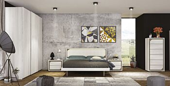 Camera da letto completa, finitura Olmo Bianco e letto ecopelle bianca, Made in Italy