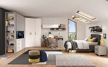 Cameretta con armadio angolare e letto contenitore, Bianco opaco e Gesso