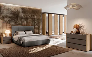 Camera matrimoniale con letto contenitore, Noce biondo e Bronzo