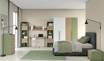 Camera con un letto singolo e armadio in finitura Bianco opaco, Royal Oak e oliva