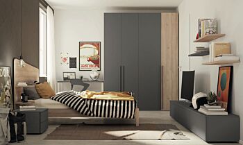 Camera con letto 1 piazza e mezza in finitura Grigio titanio e Royal Oak