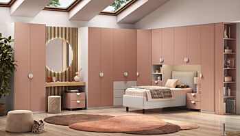 Cameretta a ponte angolare con letto singolo contenitore, Flamingo e Bianco