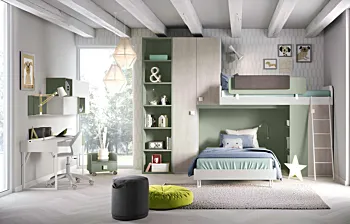 Cameretta con soppalco a 2 posti letto in Bianco frassino, Gessato cenere e Salvia