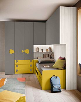 Cameretta bambini a ponte, finitura Grigio cenere, Senape e Bianco altea