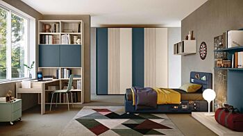 Cameretta con armadio scorrevole e letto imbottito, finitura Petrolio, Orzo e Olmo 