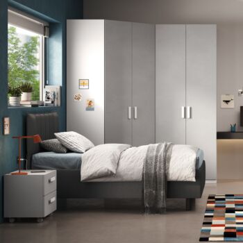 Cameretta ragazzi armadio angolare, letto piazza e mezza contenitore, Gesso e Bianco