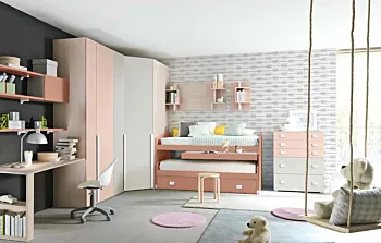 Cameretta con cabina angolare e letto multifunzionale, finitura Rovere ambra, Rosa antico, Peonia e Nebbia