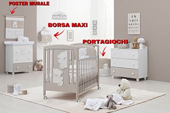 Culla Mr.Bear bianca e choco con ruote, decori con orsetti
