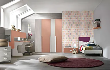 Cameretta con letto singolo, finitura Nebbia, Gessato cenere e Rosa antico