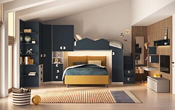 Cameretta soppalco con angolo, Bianco opaco e Blu navy
