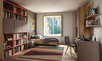 Cameretta con libreria, armadio e letto in Bronzo, Noce biondo e Paprika