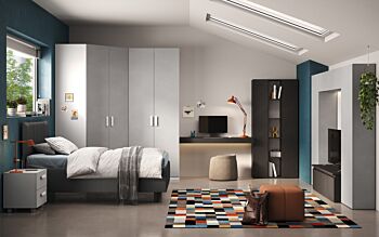 Cameretta ragazzi armadio angolare, letto piazza e mezza contenitore, Gesso e Bianco