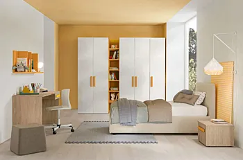 Armadio con libreria per camerette, 5 ante battenti, finitura Cemento artico e Miele